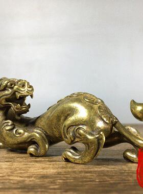 纯黄铜实心龙饰品书房办公室桌面镇纸压力尺笔筒笔筒幸运茶宠物铜