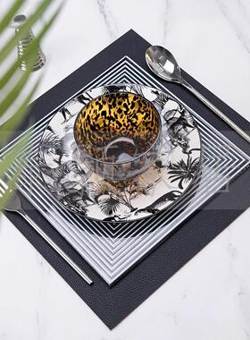 现代中古风样板间氛围感餐具 设计师丛林豹纹西餐盘 方形水晶平盘