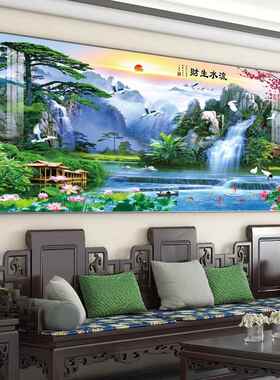 定做迎客松墙财画流生风景山水农画村背堂装水饰中画客厅挂沙发景