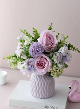 北欧雅致粉紫色彷真绢玫瑰花艺客厅装饰摆件花束餐桌陶瓷花瓶套装