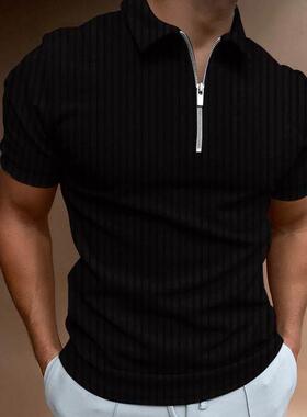 外贸男装时尚纯色暗条纹短袖Polo衫翻领修身T恤潮Men polo shirt