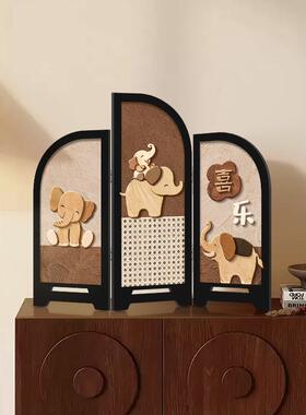 中古风大象屏风茶桌摆件覆古餐柜斗柜摆画 画客厅桌面玄关柜装饰