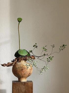 形上侘寂风实木墩底座柱子冯哲元花瓶客厅玄关木雕中式造景摆件