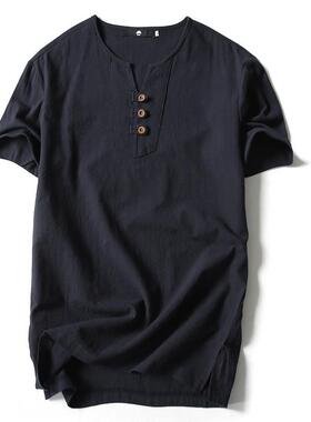 Summer T Shirts Men Short Sleeve Cotton Linen T-Shirt 5XL