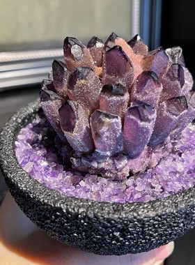 天然紫水晶簇摆件招财家居礼品 玄关办公室高级装饰品 黑胡桃色设