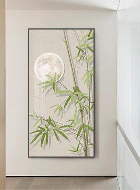 竹报平安玄关装饰画现代简约原木风走廊过道挂画入户客厅竖版壁画