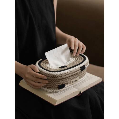 Namo[糖果屋]棉绳手工编织纸巾盒家庭卧室起居室纸巾盒餐巾盒 - 图1