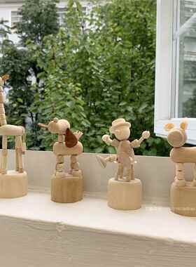 ins风桌面趣味动物小摆件木头人关节可调节桌面装饰拍照装饰背景