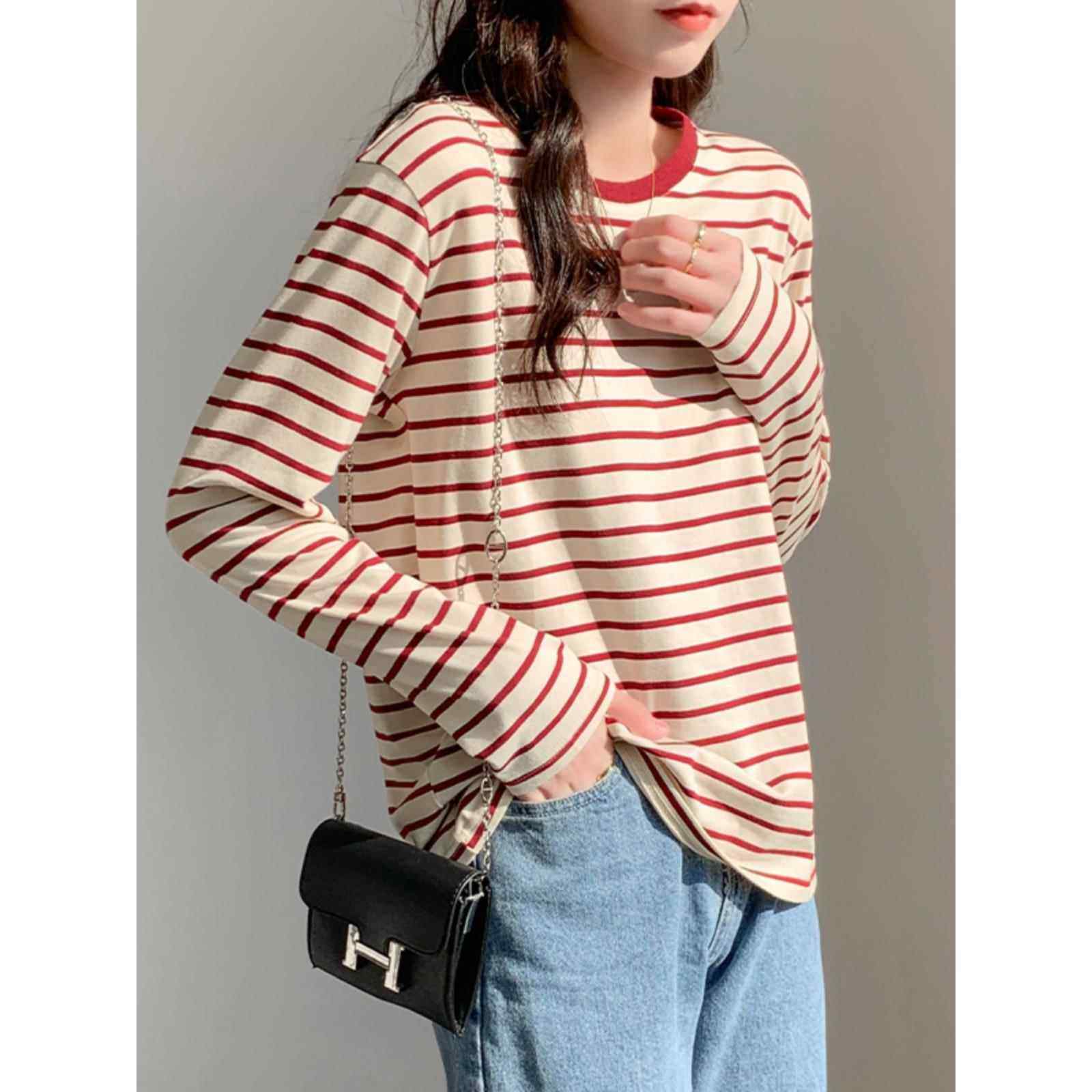 2026新款春春季季大码宽松质女式长袖t恤红色条纹上衣配下装0113w,淘宝优惠券,粉丝福利购,淘宝优惠卷