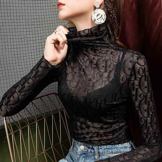 Autumn new style mesh bottoming shirt for women with high collar and stylish letter print black lace inner with sexy gauze top
