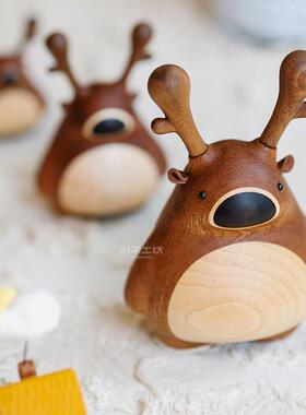 阖家福鹿/实木质一家三口小鹿可爱一鹿平安车载桌面家居摆饰饰品