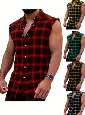 N 99267 Men's Plaid Sleeveless Vest Shirt 士格子无袖背心衬