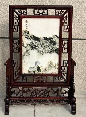 老红木插风老挝大红酸枝木雕花台屏嵌天然石画桌屏实木屏风摆件