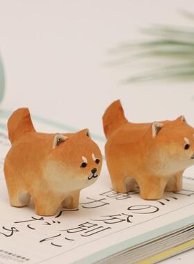 木雕小柴犬桌面摆件手工艺品可爱狗狗萌宠创意手作日系造景木制