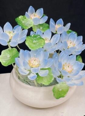高档琉璃手工荷花】仿真花佛堂供佛莲花新中式客厅摆设件假花盆栽