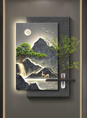 松木入口装饰画高端立体壁灯水培绿色植物山水画入口门走廊过道挂