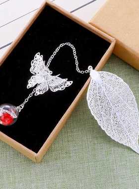 新款直销古风金属叶脉树叶书签铜材质蝴蝶满天星干花永生花球清新