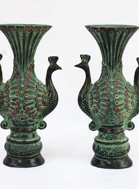 孔雀开屏花瓶家居办公装饰花瓶合金仿青铜器摆件金属工艺品合金