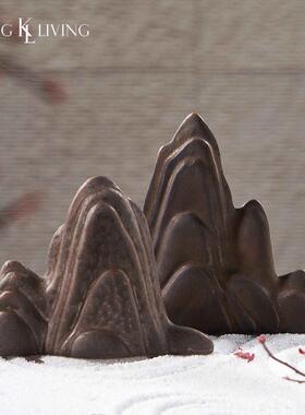 邸高家居新中式棕色假山小摆件样板间茶室玄关柜桌面创意陶瓷摆设