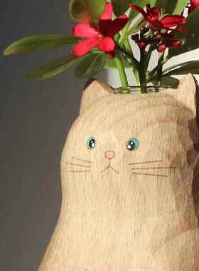 猫咪花瓶彷木雕小摆件创意日系手作猫猫花瓶办公摆件生日结婚礼物