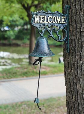 新款直销北欧乡村复古欢迎光临双面挂牌门牌壁饰铸铁铁艺门铃手摇