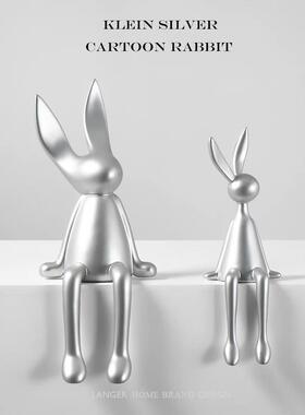 简约轻奢创意电镀银金蓝色坐姿动物兔子摆件树脂家居软装饰工艺品