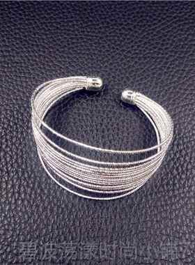 高档925纯银手镯女活半银多圈环多层口开线口银礼镯子手环生日物