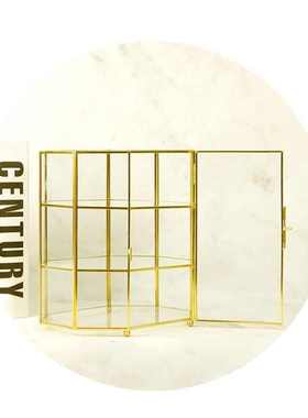 防尘多层玻璃化妆，首饰收纳盒，金色托盘玻璃水果盘铁艺镜