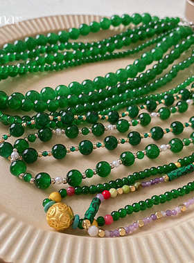 新中式绿色琉璃串珠铜钱珍珠项链复古时尚锁骨链国风高级感项饰女