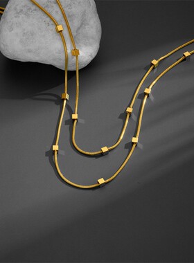 2026温鉴希音方块双层项链女轻奢不掉色设计感小众女锁骨链气质百