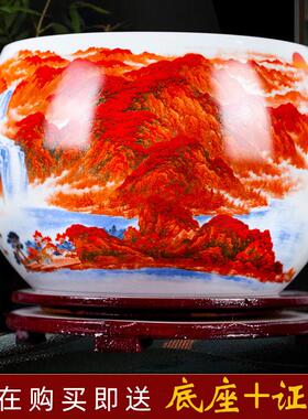 景德镇陶瓷鸿运当头聚宝盆开 业客厅摆件乔迁新居五帝钱红色生财