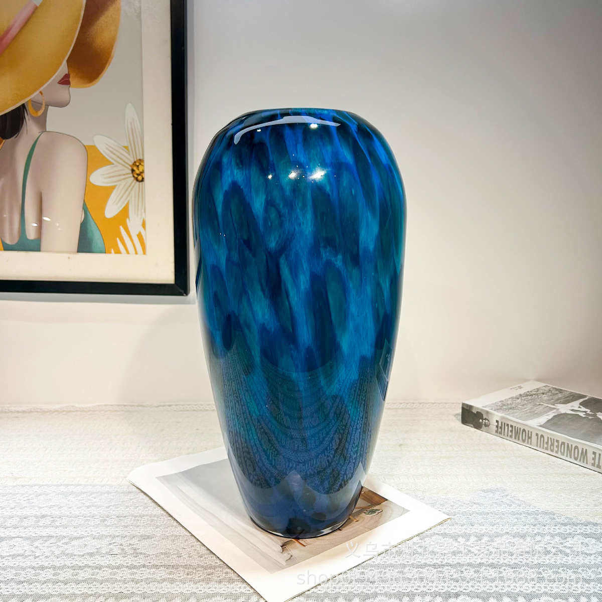 新中式孔雀翎手工大口径琉璃花瓶电视柜博古架高级样板间创意摆件,淘宝优惠券,粉丝福利购,淘宝优惠卷