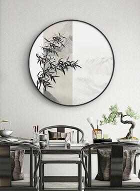 松竹雅境新中式玄关装饰画山水挂画中国风水墨画竹报平安圆形画