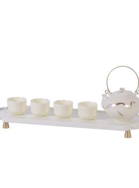 新中式现代家居摆件样板间软装客厅茶室金属托盘陶瓷茶具搭配组合