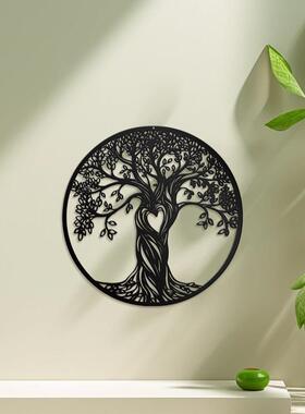 Temu黑色金属幸福树墙饰生命树圆形墙壁装饰卧室客厅铁艺艺术