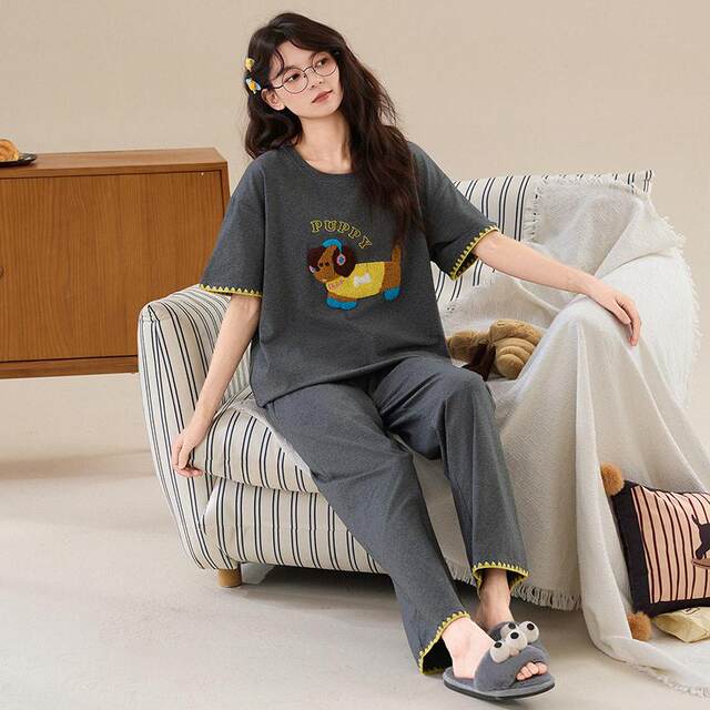 ຫມວດ: A 95% cotton pure cotton pajamas with chest pads for women summer short-sleeved trousers cartoon plus size cool cotton home clothes for women
