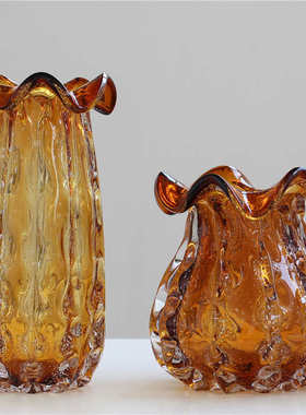 现代重工琥珀色气泡琉璃钱袋子花瓶摆件家居客厅水培样板间软装瓶