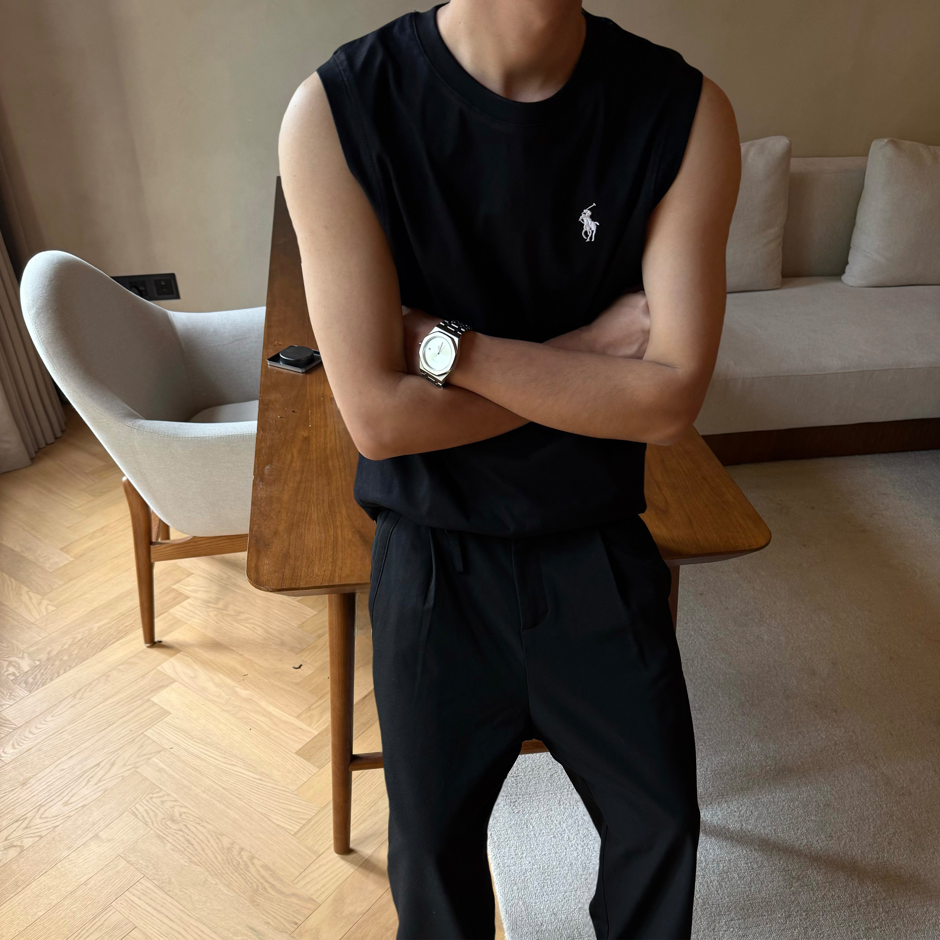 TZG黑色小马家圆领纯棉背心男