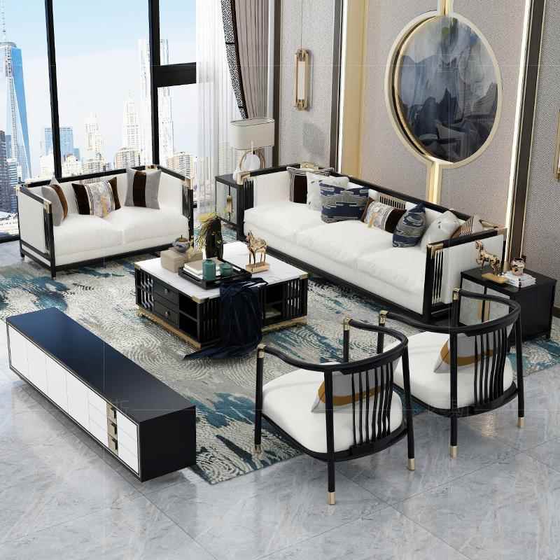 新中式沙发组合客厅大理石茶几轻奢布艺沙发小户型全实木家具