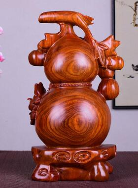 梨木花雕葫芦摆厅件大号实雕刻福禄客木家居桌面装饰TQBJ085品红