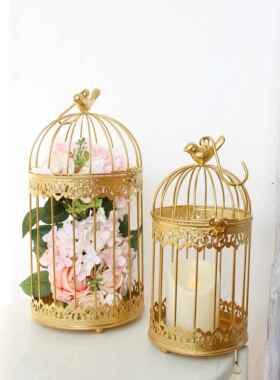 欧式田园铁艺鸟笼装饰品美式创意套三多肉花盆花架摆件婚庆道具落