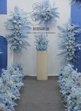 整套蓝色系婚庆花艺羽毛仿真花婚礼布置地排花路引花点花背景迎宾