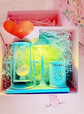 色礼盒装创意学蓝粉路沙漏笔筒 生灯00礼品白沙漏变色小夜灯摆件