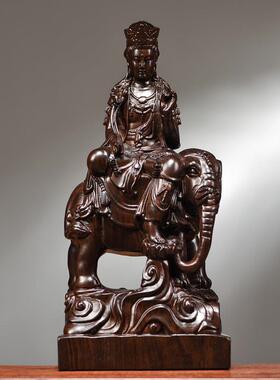 黑檀木雕文殊普贤菩萨佛像摆件实木华严三圣神像玄关佛堂装饰摆设