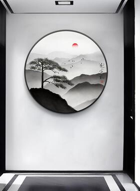 新中式装饰画禅意水墨山水画玄关圆形挂画书房茶室背景墙客厅壁画