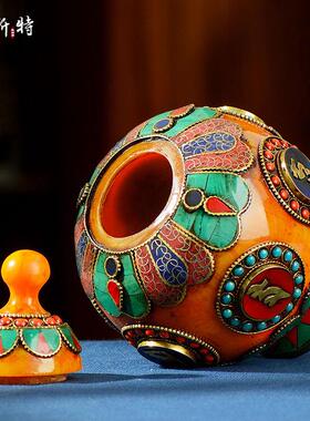 欧斯特 尼泊尔手工镶嵌彩石 八吉祥摆件八供宝瓶米盒大号佛具用品