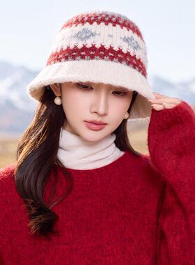 女士时尚帽子女圆脸大脸显瘦费尔岛风甜美毛线帽韩系大头围秋冬保