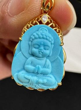 绿松石宝宝佛吊坠项链18k金镶嵌锁骨链坠挂件尺寸约26.5×17.5×6