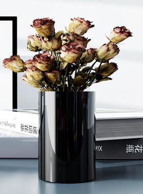 黑色装饰酒店筒玻璃口圆简约落地直花瓶摆件花瓶白色插花样板房