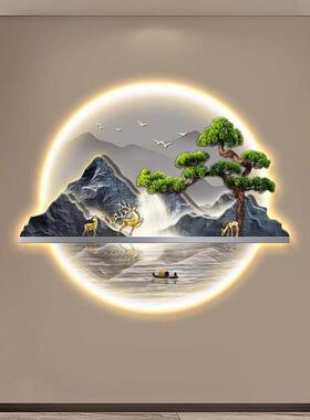 迎客松入户玄关装饰画 画流水生财山水画 画带灯走廊过道挂画 画